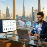 Digital entrepreneur launching online business in UAE with Dubai skyline and e-commerce dashboard